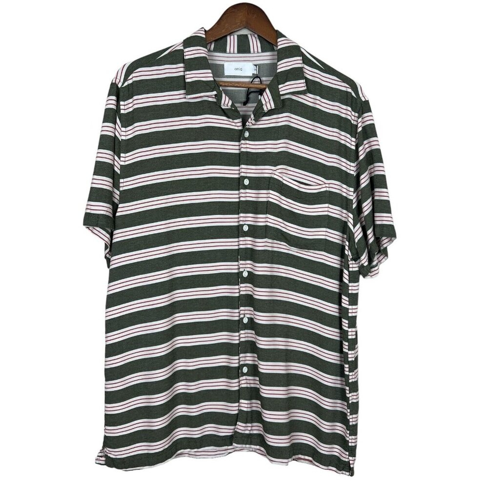 Onia Shirt Mens Large Green Stripe Camp Collar Short Sleeve Casual Pocket L New